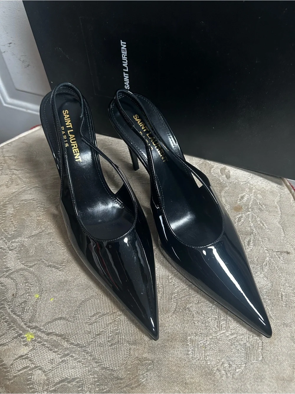 Saint Laurent Black Patent Pointed Slingback Pumps - Picture 3 of 11